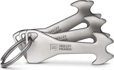 Produktbild von FABACH 3 x Trolley Piranha Einkaufswagenlöser aus Metall in Silber - Einkaufswagenchip Schlüsselanhänger - Einkaufschip für Einkaufswagen - Chip abziehbar, Kein Steckenbleiben im Pfandschloss