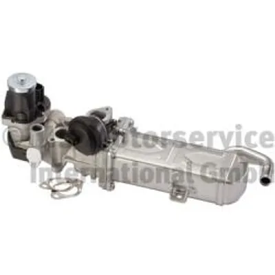 A car part, possibly an EGR valve, is displayed against a white background. Text overlays are present.