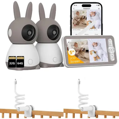 Produktbild von Babyphone mit 2 Kameras und APP 2K/5 Zoll WLAN Babyfon mit Split-Screen PTZ 4×Zoom IR-Nachtsicht Automatische Verfolgung mit 2*Halterung mit 32G & 64G