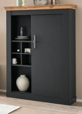 Produktbild von Kommode "Ribera" in grau und Wotan Eiche Landhaus Highboard mit Flaschenregal 107 x 146 cm