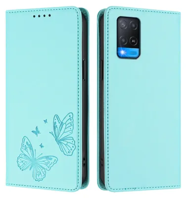 Image de Étui en cuir pour Oppo A54 4G/A54S/A55 5G/A16/A16S/A55s 5G/A53s 5G/A56 5G, motif papillon en relief, étui portefeuille à rabat avec support, vert menthe