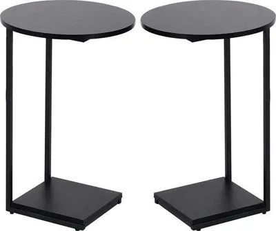 Productafbeelding van Famanu set van C-vormige bijzettafels met houten blad en metalen frame - zwart