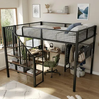 Obrázok produktu pre Kovové poschodové lôžko 140x200 cm s rohovým písacím stolíkom a nabíjacím portom, čierne poschodové lôžko vhodné do detských izieb a do menších spální, Obrázok generovaný UI