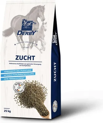 A bag of horse feed with images of horses and text describing the product.
