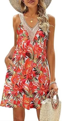 Produktbild von Sommerkleider für Damen - Strandkleid mit V-Ausschnitt und Spitze, Tropenmuster, ärmellos, kurz, mit Taschen, D