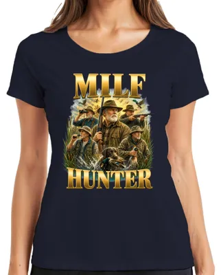 Immagine prodotto di Maglietta da donna, taglia XXL, blu navy, con scritta ironica a tema "cacciatore" e riferimenti all'argomento "MILF"
