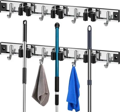 Produktbild von Unyqoos® 2er-Set Besenhalter Wandhalter aus Edelstahl (SUS304) 38 cm – 3 Halter & 4 Haken je Stück, selbstklebend, Antirutsch, 20 kg Tragkraft