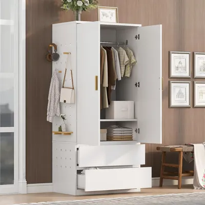 Produktbild von Merax Kleiderschrank mit Lochwand und versteckte Staufächer, Hochschrank mit 2 Schubladen, Kinderschrank mit Kleiderstange, Multifunktionsschrank,Weiß