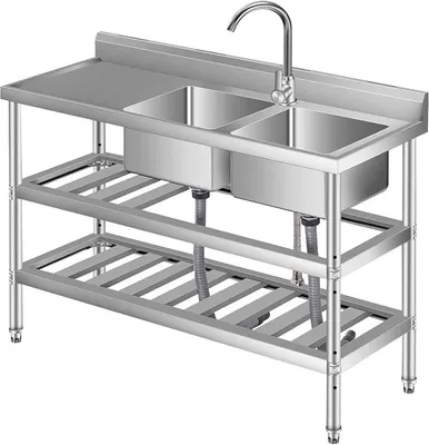 Produktbild von Edelstahl Spültisch, Freistehende Küchenspüle 1 Becken, 120x46x81CMGewerbliche Spülbecken Mit Wasserhahn Kalt Und Warmwasserschläuchen, Für Waschküche Outdoorküche Gastro Geschäft Restaurant