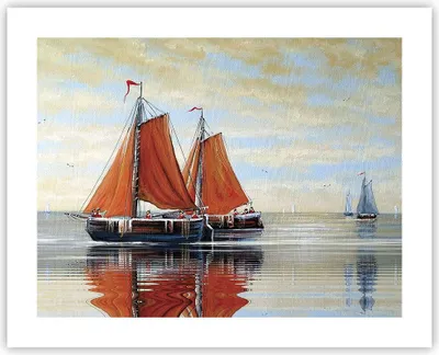 Produktbild von Poster - Poster ohne Rahmen - Segelschiffe Öl Orange - 50x40 cm - Wand Bild - Wanddeko - Wandbilder - Kunstposter - Wandposter - Bilder - Kunstdruck - Wanddekoration - Wandbild - P2XAA50x40-4404