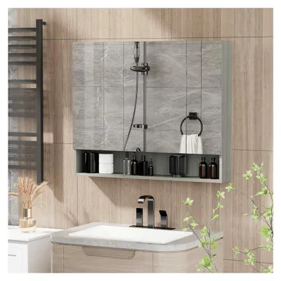 Produktbild von Badezimmer-Wandschrank mit Spiegel, 90 x 15 x 75 cm, Badezimmermöbel, Spiegelschrank mit 3 Spiegeltüren, offenem Fach und verstellbaren Regalen, grau