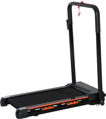 A black and orange treadmill is shown against a white background.