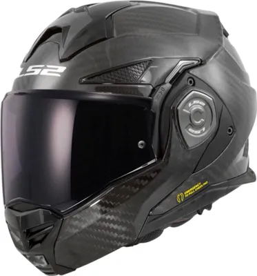 A black modular motorcycle helmet with a dark visor and carbon fiber accents.