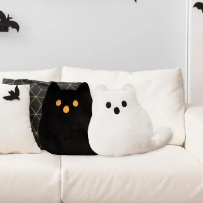 Produktbild von 2 Stück Halloween-Kissen in Form einer Geisterkatze, süßes dekoratives Plüschkissen für Halloween im Innenbereich, Wohnzimmer, Couch, Dekoration