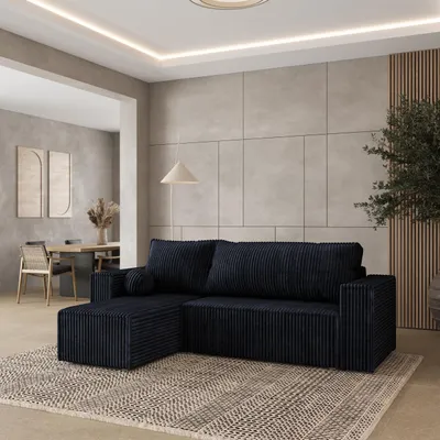 Produktbild von Masseno Ecksofa RAVELO T mit Schlaffunktion L-Form, Sofa mit Bettkasten, Wohnzimmersofa, Couch, Soffa, Bettsofa, Couchgarnitur- Schwarz, TILIA 100