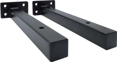 Two black metal shelf brackets are shown against a white background.
