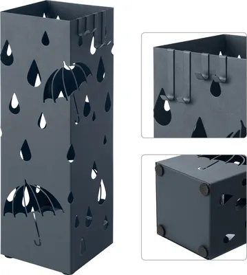 A dark gray umbrella stand with cutouts of raindrops and umbrellas, shown from multiple angles.