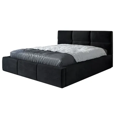 A black upholstered bed frame with a mattress and bedding, shown against a white background.