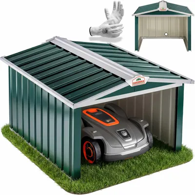 Produktbild von GARDEBRUK® Mähroboter Garage Metall Wetterbeständig Kabelführung 4x Erdanker Carport Rasen Garten, Farbe:Satteldach Grün