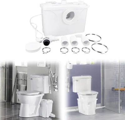 A collage showing a macerator pump kit and two different bathroom installations with macerator pumps connected to toilets.