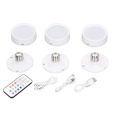 Obrázok produktu pre 3-balenie LED svetelných pukov, 4 farby, stmievateľné, časovač, nabíjateľné, napájané batériami, s päticou E26 a diaľkovým ovládaním