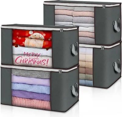 Image de lot de 4 boîtes de rangement de vêtements 90L avec couvercle - Gris
