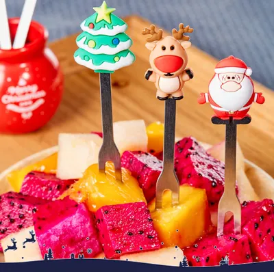 Produktbild von Weihnachten Silikongabel Obstgabel Salatgabel Edelstahl Kindergabel mit Keramikbecherhalter Wiederverwendbare Obstgabel Weihnachtsgeschenk
