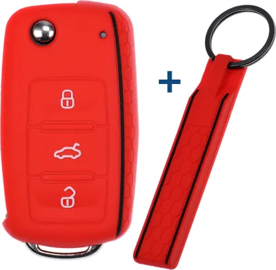Produktbild von Auto Schlüssel Silikon Schutz Hülle + Schlüsselband im Wabe Design Rot kompatibel mit VW SEAT Skoda Golf 6 Octavia UP Leon 3 Tasten Klappschlüssel