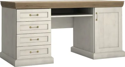 Produktbild von Furniture24 Schreibtisch ROYAL B1 Arbeitstisch Büromöbel Nordische Kiefer Weiß 4 Schubladen 1 Tür Auszieh Tastaturablage