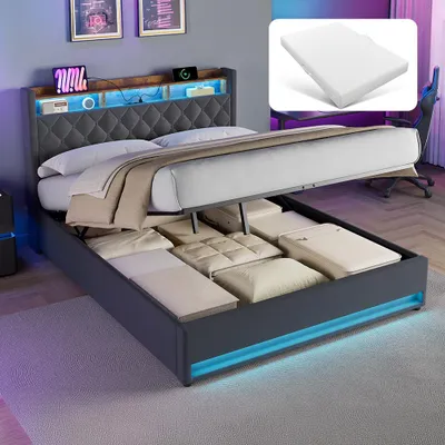 Produktbild von STILVORA Polsterbett 160×200 mit Matratze bettkasten,Stauraumbett Boxspringbett mit USB-Anschluss und LED-Licht,Funktionsbett ohne matratze,mit Stauraum,grau