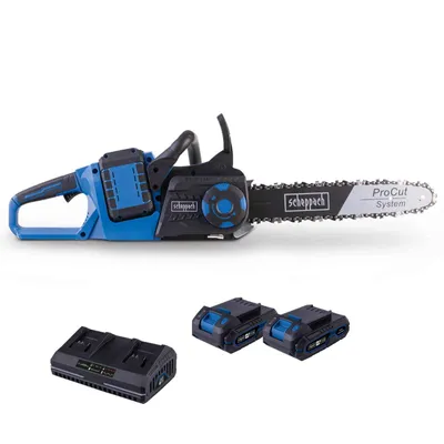 Produktbild von Scheppach Akku-Kettensäge BC-CS355Duo-X | 14‘‘ / 35,6 cm ProCut-Schwert | Brushless Motor | 20V | Softstart | inkl. 2x 2Ah Akku + 2,4A Doppelladegerät