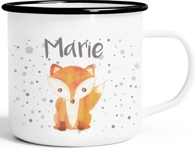Produktbild von Emaille-Tasse mit Namen Fuchs Motiv Emaille-Becher personalisierte Geschenke Frauen Mädchen Namensaufdruck SpecialMe® weiß-schwarz Emailletasse