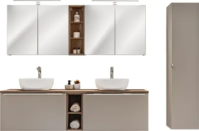 Produktbild von Badmöbel Set 180 cm 2 Waschbecken LED Spiegel grau modern Eiche