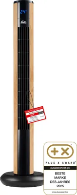 A tall, slim tower fan with a wood-effect finish and a black base and top.