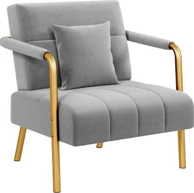 Produktbild von Yaheetech Sessel, Samtstoff Hellgrau, mit Lendenkissen, goldfarbene schlanke Metallbeine, 71,5 cm, 18 cm, 25,5 cm