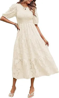 Produktbild von Damen Sommerkleid 2024 mit Puffärmeln, Gesmokt, Blumenmuster, Rundhalsausschnitt, Spitze, Fließend, Gestuftes Midikleid