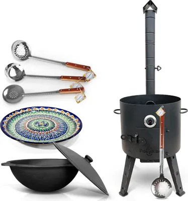 Produktbild von Set - Feuerofen - KasanoFF, 16 l, Ø 44 cm + Thermometer + Gusseisenkasan, runder Boden, Ø 46,5 cm, 16 l + Lagan MIX, Ø 37 cm + Schaumlöffel: 3 Stk. +