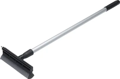 A cleaning tool with a sponge and a telescopic handle against a white background.