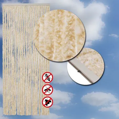 Produktbild von Unyqoos® Chenille-Fliegengardine – Fliegengitter-Türvorhang (Katzenstaart), Beige/Weiß, 90×220 cm, 100% Polypropylen, inkl. Kunststoffstange