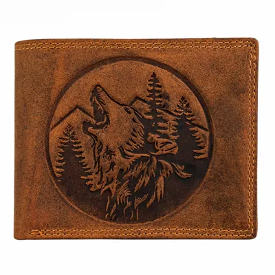 Produktbild von RFID Büffel Echt Leder Geldbörse Portemonnaie mit geprägtem Wolf Motiv Braun Querformat, KI-generiertes Bild