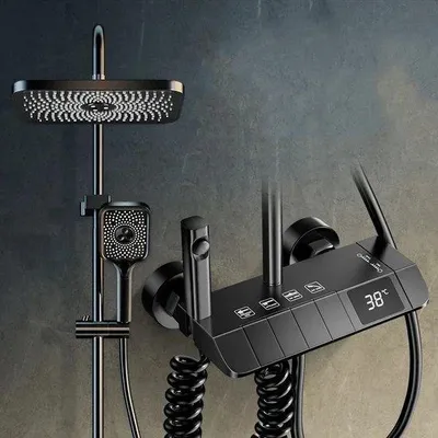Immagine prodotto di Sistema doccia completo - Soffione a pioggia quadrato - Soffione e doccetta regolabili con finitura satinata - Indicatore digitale della temperatura