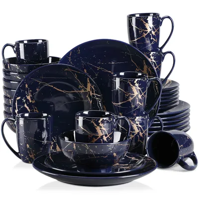 Image de Service de table en porcelaine, LOVECASA 32 pièces service combiné, set de vaisselle pour 8 personnes, assiettes plates, tasses, assiettes à dessert et bols, bleu
