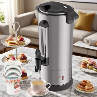 Image de Peviasot, appareil de cuisson pour vin chaud, 10 litres, 1500 W, argenté, avec thermostat, robinet de distribution, couvercle verrouillable et 10 gobelets en papier