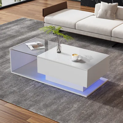 Produktbild von okwish Couchtisch Rechteckig, LED-Hochglanz Beistelltisch für Schlafzimmer, Wohnzimmertische mit Stauraum fürs Wohnzimmer, Beistelltisch mit Glasplatte und Schubladen, Weiß