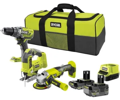 Produktbild von RYOBI 3-Werkzeugset: 1 Akku-Bohrschrauber R18DD3 + 1 Winkelschleifer (115 mm) + 1 Stichsäge + 2 Akkus (4 Ah & 2 Ah) + 1 Ladegerät & 1 Tasche
