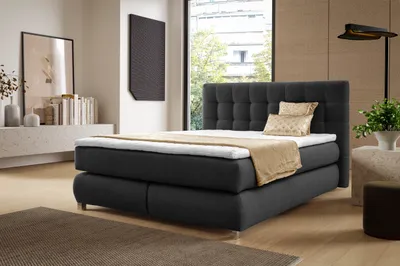 Produktbild von Echtes Boxspringbett BLAKE mit Pocketmatratze|Bonellmatratze Familienbett|Topper|Taschenmatratze|Polsterbett|Schlafzimmer (200x200, Schwarz)