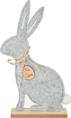 Produktbild von Filz HASE sitzend auf Holzbase, 37cm. Deko Osterhase, Filzhase Grau