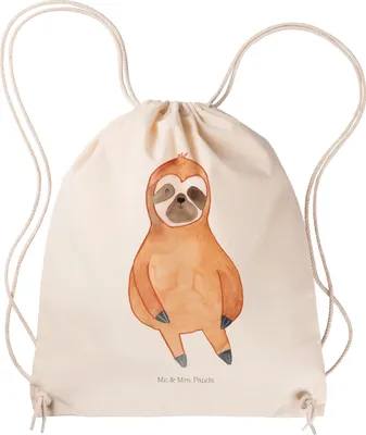 Produktbild von Mr. & Mrs. Panda Jutebeutel Faultier Zufrieden - Transparent - Geschenk, Stoffbeutel, Gelassenheit, wander rucksack, Kleiner, Happy, faul, Stoffrucksack, Drawstring Bag