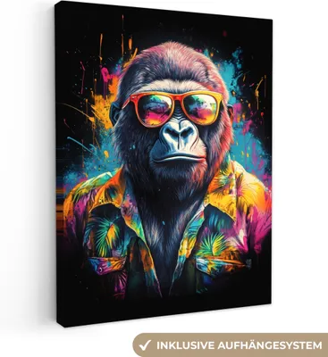 Produktbild von MuchoWow® - Leinwandbilder - Graffiti - Sommer - Affe - Gorilla, Wandbild, Wanddeko Bilder Wohnzimmer, 60x80 cm