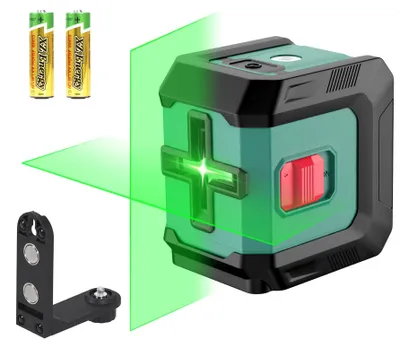 Immagine prodotto di Livella laser a croce verde, autonivelante, portata 15 metri. Livella laser con 3 batterie